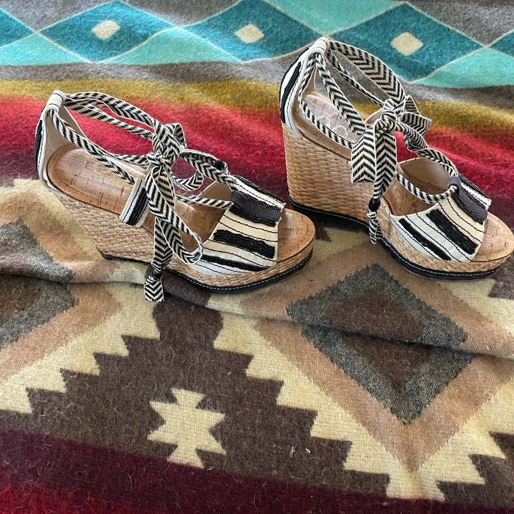 Sam Edelman Trey black and white beaded canvas wedge espadrille sandals.